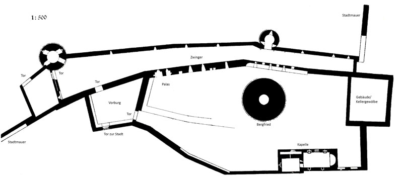 Grundrissplan der im 14. Jahrhundert mehrfach ausgebauten Felsburg in Felsberg
