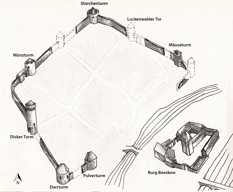 3D Rekonstruktionszeichnung der Stadtmauertürme.