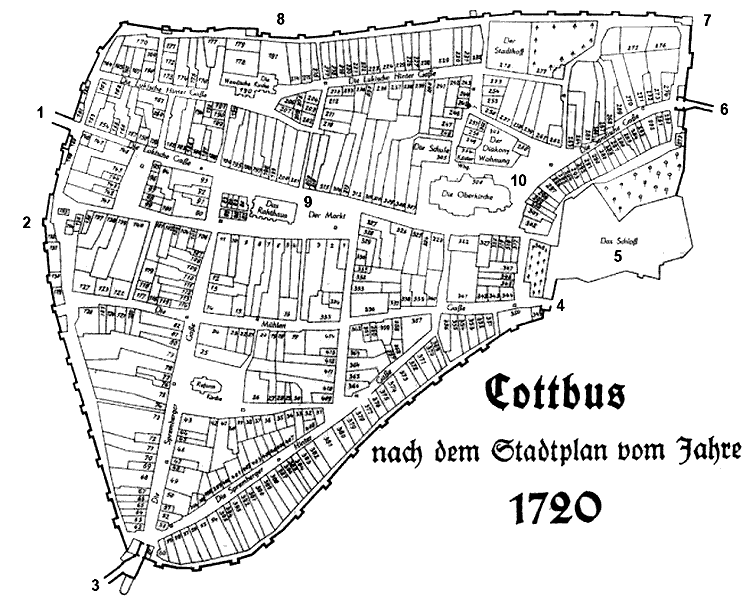 Abzeichnung des ersten Cottbuser Stadtplans von 1720