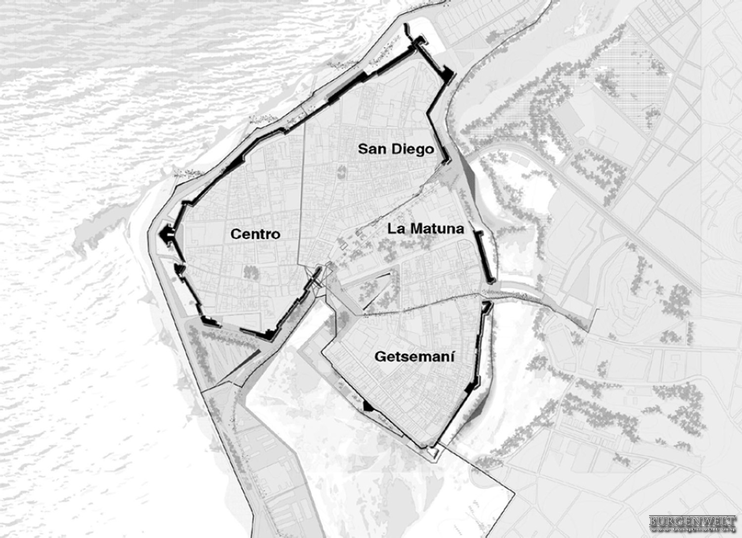 Aktuelle Karte des historischen Zentrums von Cartagena mit den vier Bezirken, aus denen es besteht. Die noch stehenden Mauersegmente sind in dicken Linien dargestellt.