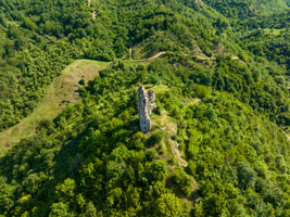 Die Burg erstreckt sich in nord-südlicher Richtung und weist Bodenhebungen auf, die auf den Verlauf der ehemaligen Ringmauer hinweisen. Im Süden befindet sich ein überwachsener Rundturm, erkennbar in der Bildmitte unten. 2024.