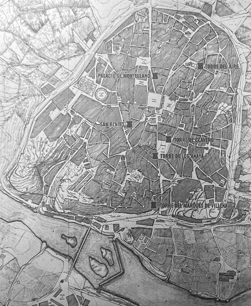 Plan des Stadtzentrums von Salamanca aus dem Jahr 1864. Eingezeichnet sind die seinerzeit noch existierenden Wehrtürme von Kirchen (San Benito) und ehemaligen Adels-Palästen.